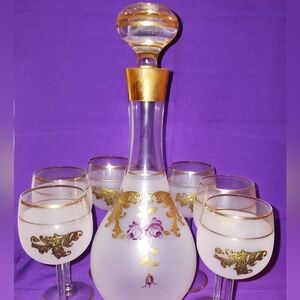 Vintage-Inspired Frosted Glass Decanter Set with Gold Floral Design